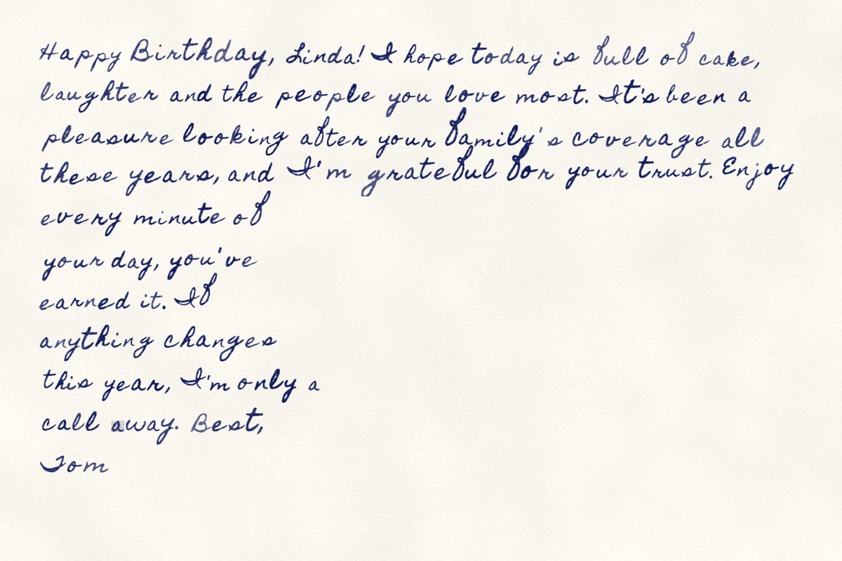 A sample insurance agent birthday postcard in handwriting
